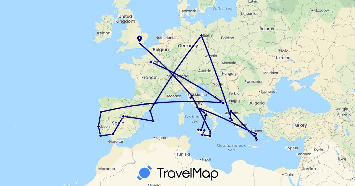 TravelMap itinerary: driving in Albania, Germany, Spain, France, United Kingdom, Greece, Croatia, Italy, Portugal (Europe)